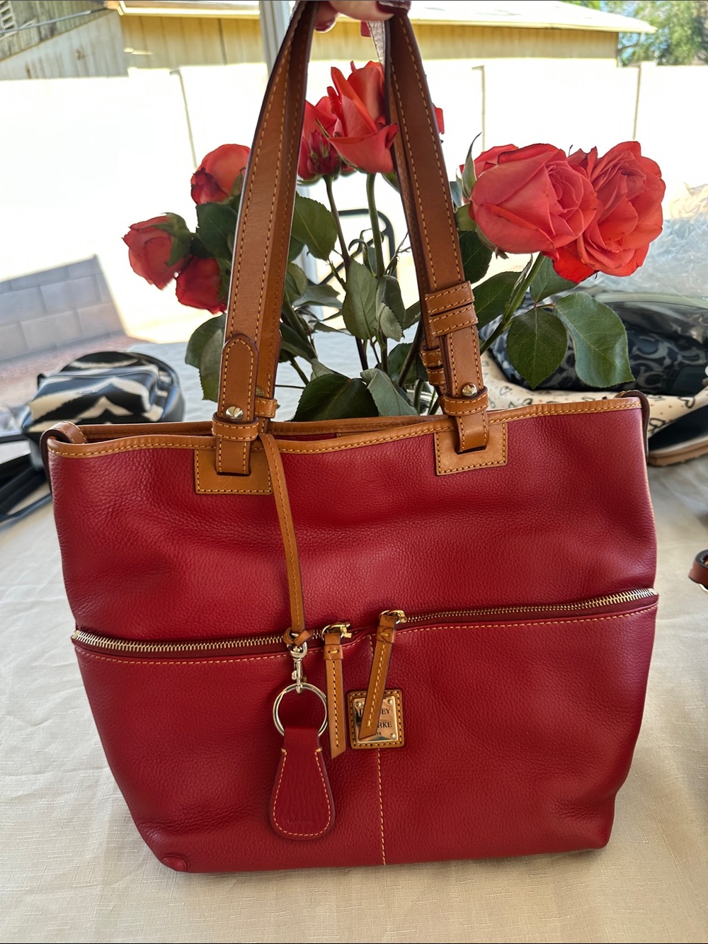Dooney & Bourke Red Leather Tote with Tan Trim